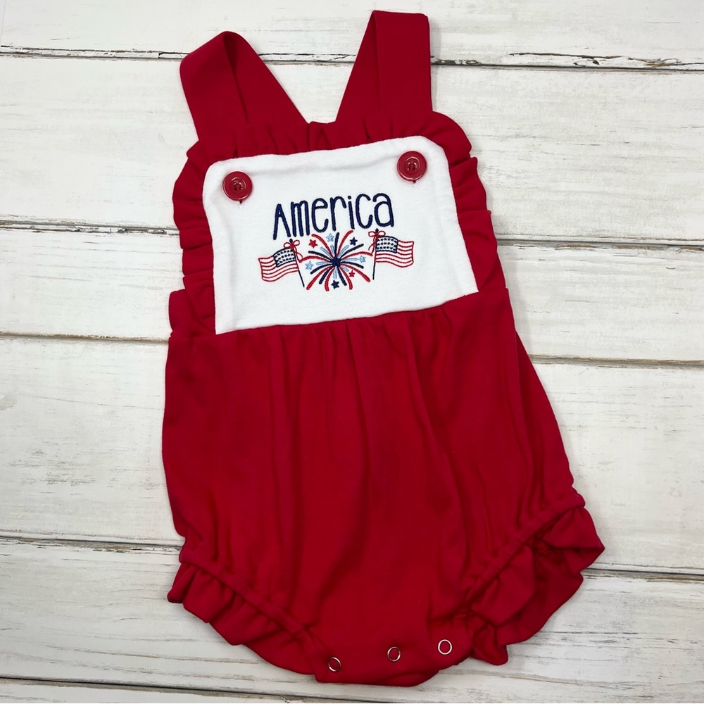 NWOT - Love that cotton Red and White Girls Sunsuit, Embroidered, 4th of July